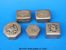 Five Chinese white metal pots with various decoration