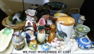 A collection of mainly 19thC Staffordshire toby jugs and Majolica, Art Deco, Wedgwood,