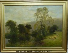 James Jackson Curnock (1839-1892): Oil on canvas of a shepherd and flock beside a river,