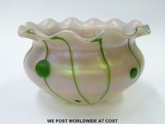 Kralik Streifen and Flecken iridescent glass vase with green spots and streaks on a pearlised