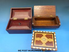 A collection of vintage tins, mahogany wooden box, oak hinged box,
