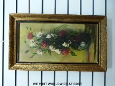 Gilt framed oileograph lady in period dress (48 x 38cm) together with an oil on canvas of flowers