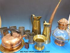 Mixed brass and copperware including trench art, Hurricane lamp, jugs,