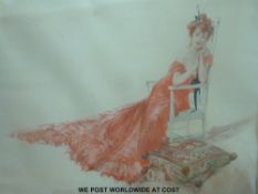 Richard Pannett watercolour on silk of an elegant lady in evening dress reclining on a chair (39cm