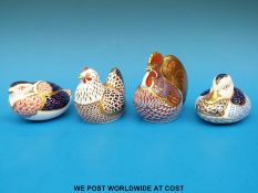 Four Royal Crown Derby paperweights, a duck, a chicken, a cockerel and a quail,