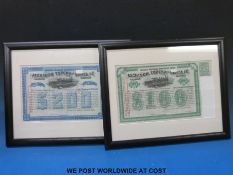Two Atchison Topeka and Santa Fe railway share certificates, $200 and $100,