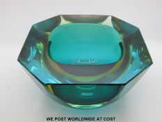 A Murano Sommerso glass bowl of blue colouration and faceted edges(7cm x 14cm)