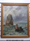 An oil on canvas of a girl and boy in rowing boat, indistinctly signed lower right possibly S.