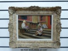 WITHDRAWN Attributed to Margaret Theyre: Oil on board of two ladies and a gentleman sitting on