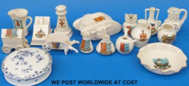 A quantity of crested ware to include WW1 tank,