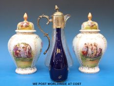 A Sevres vase together with a glass and white metal claret jug,