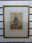 Indian school watercolour of a woman carrying a child and another by her side (22 x 16cm)