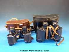 Four sets of cased binoculars to include Kent 10 x 50, Russian 12 x 50,