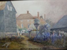 J H Hodgkin: Watercolour of flowers, barns and house,