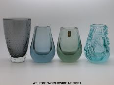 Four Whitefriars and similar glass vases to include two Hambone pattern number 9537,