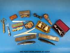 Mixed collectables including stork scissors, brass scissors, three pairs of opera glasses,