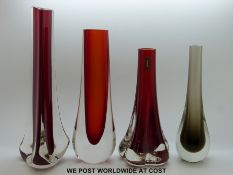 Four Geoffrey Baxter for Whitefriars glass vases comprising twilight teardrop, ruby teardrop,