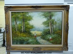 Andre de Jonge oil on canvas rural lane with figures and cottage beyond (60 x 90cm)