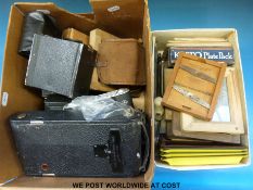 Two boxes of photographic cameras and other items to include Zeiss, Agfa isolette,