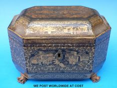 A 19thC Chinese lacquer papier maché tea caddy raised on lion pad feet (14cm tall)