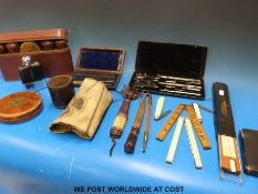 Mixed treen including an F J Gould fold-out ruler, Rabone ruler, slide rule, cased drawing items,