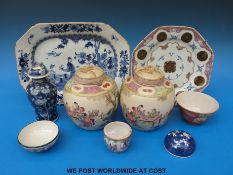 An 18th century Chinese hexagonal plate and two Chinese / Cantonese ginger jars etc