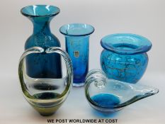 Five pieces of Mdina glass to include three vases,