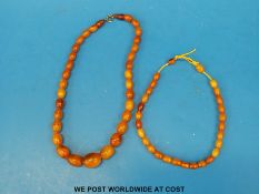 An amber necklace with oval beads together with another