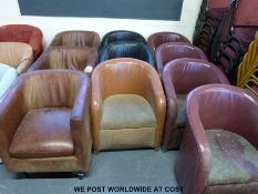 Eleven leather or faux leather tub chairs