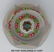 Baccarat faceted millefiori glass paperweight with central blue cane surrounded by a ring of green