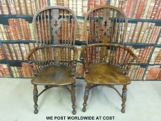 Two elm seated hoop back Windsor chairs,