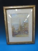 Late 19thC / 20thC watercolour townscape with shops,