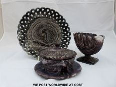 Seven pieces of Sowerby purple malachite glass to include basket, jug,