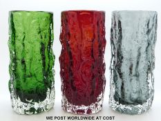 Three Geoffrey Baxter for Whitefriars textured bark vases of cylindrical form in meadow green,