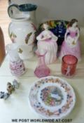 Mixed ceramics and glass including two Royal Doulton figurines, Denby signed Glyn Colledge jug,