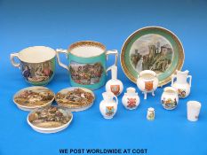 A small collection of Prattware including three pot lids, loving cup marked no.