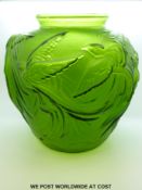 A green glass vase with a moulded bird design in the Lalique style (28 x 26cm)