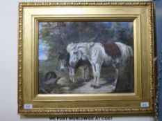 Heywood Hardy (1842 - 1933): Watercolour of a donkey and horse / mule,