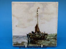 A Rozenburg den Haag pottery tile painted with a Dutch sailing boat and figures by shoreline,