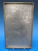 A 19thC Chinese Paktong tray engraved with Chinese court scene and signed to back (31cm long)