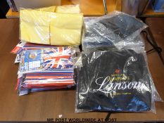 A collection of Lanson and Heineken branded aprons, drinking straws,