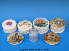 A collection of pot lids to include a Finigan's of Bath medical pot