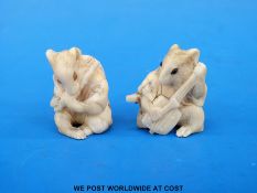 Two Japanese ivory netsukes in the form of mice playing musical instruments (3cm tall)