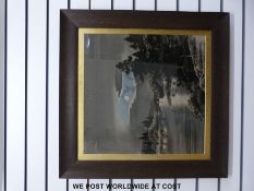 A pair of Chinese silk embroidered landscapes (54 x 53cm) together with a coloured etching of fruit