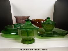 A collection of Davidsons cloud glass including pedestal bowls