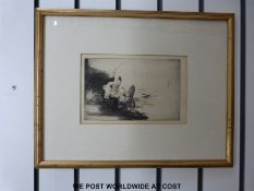 John Nicholson (1891-1951): Etching of two whippets (4/50) signed (25cm x 15cm)