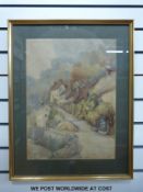 Late 19th/early 20th century watercolour sea wall with houses and steep cliff road (48 x 35cm)