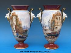 A pair of 19thC hand-decorated porcelain pedestal vases decorated with rocky harbour scenes and