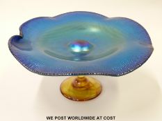 Okra glass tazza with iridescent blue waving top on yellow base (D23cm H11cm)
