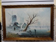 Andre de Jonge oil on canvas frozen Dutch landscape with windmills and figures skating (60 x 90cm)